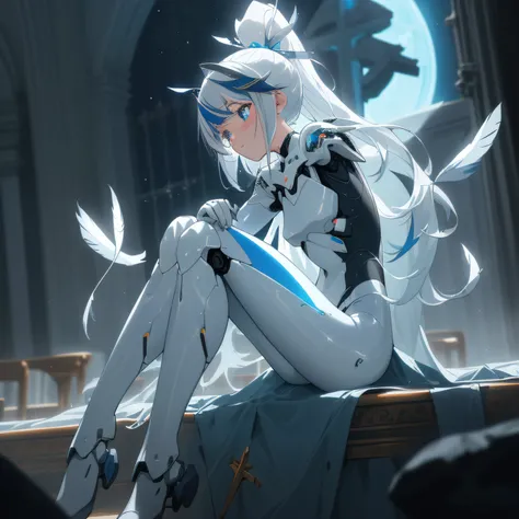 {{masterpiece}}, flat chestbest quality},{highres},solo,flat_chest,a girl inside the church with white hair and blue pupil surrounded by {many} glowing {feathers} in cold face,detailed face,night with bright colorful lights whith richly layered clouds and ...