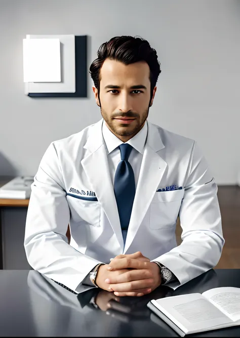 arafed man in white suit and tie sitting at a table, photo of a man, sitting at desk, wearing a doctor suit, corporate photo, handsome man, professional portrait hd, wearing doctors white suit, sitting at a desk, a photo of a man, handsome and attractive, ...