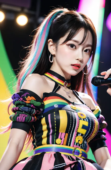 Solo idol performance featuring Eri Kamei from Morning Musume. Content: Eri Kamei dressed in rainbow-themed idol costume, Capturing the essence of cuteness. Medium: Photography. Style: Ultra-realistic due to the influence of J-POP culture. Lighting: Stage ...