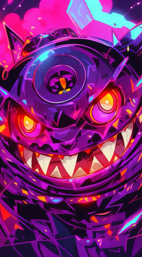 Close-up of a cartoon cat with glowing eyes, gengar, Vibrant fan art, profile picture 1024px, Official artwork, synthwave art style ]!!, rossdraws cartoon vibrant, evil smile and glowing eyes, cheshire cat, [ synthwave art style ]!! ]!!, epic art style, [ ...