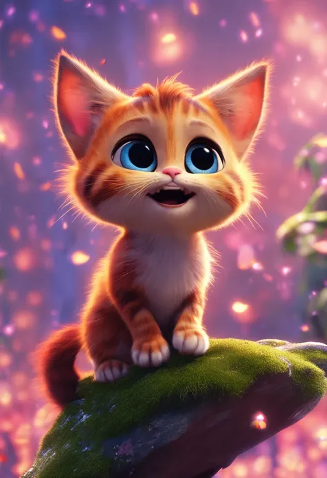 **[cutecore, tinycore, naturecore] tiny cute cat, forest, playing, looks enjoy, pixar style eyes