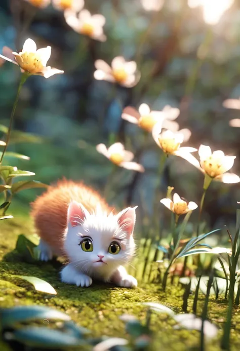 **[cutecore, tinycore, naturecore] tiny cute cat, forest, playing, looks enjoy, pixar style eyes