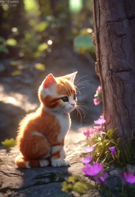 **[cutecore, tinycore, naturecore] tiny cute cat, forest, playing, looks enjoy, pixar style eyes