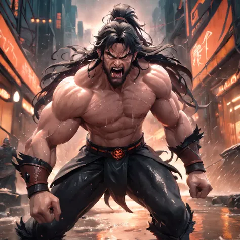 (professional 3d render:1.3) af (Realistic:1.3) most beautiful artwork photo in the world，Features soft and shiny male heroes, ((Epic hero fantasy muscle man rough wet hero angry looking long hair short beard and ferocious expression in dynamic pose, Fanta...