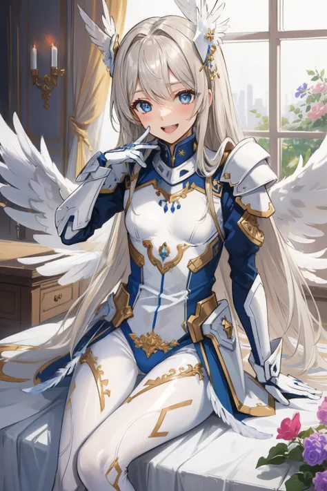 (​master piece, Best Quality),  Intricate details, valkyrie, (((laugh))), Hand up, Looking at Viewer, Feather Headgear, Flower meadow, (((flat breast))) sitting, 22yo, 
1 girl in, Solo, Portrait, ash Blonde Hair, drooping  eyes, Single Thigh, silver Indepe...