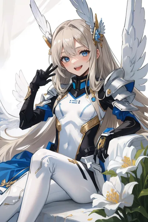 (​master piece, Best Quality),  Intricate details, valkyrie, (((laugh))), Hand up, Looking at Viewer, Feather Headgear, Flower meadow, (((flat breast))) sitting, 22yo, 
1 girl in, Solo, Portrait, ash Blonde Hair, drooping  eyes, Single Thigh, silver Indepe...