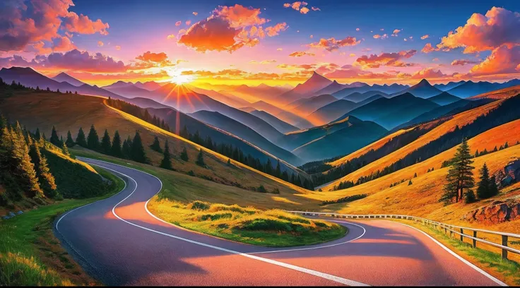 Painting of a mountain scene with a sunset and a winding road, Hermoso arte UHD 4 K, 8K impresionantes obras de arte, Un hermoso paisaje