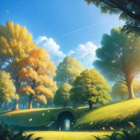 Obra prima, melhor qualidade, cores vivas, anime scenery, campo, trees with veers leaves, Gorgeous scenery, cinematographic scene, dynamic camera, bela paisagem