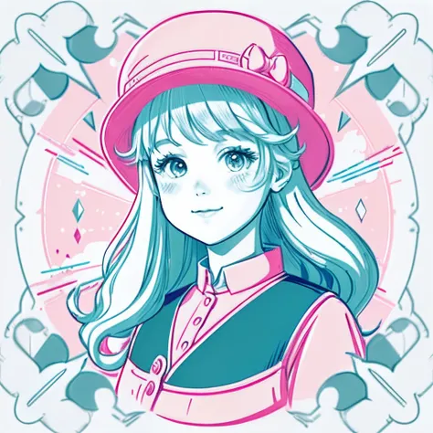 (((Girl in hat))), Two-dimensional painting style，cute-style, Charming expressions, Creativity bursts, Depict the details in detail，Pink hat，Bright background light，Fine lines，Elegant gesture, Fluttering hair, You can feel the vitality of the character。(Ti...