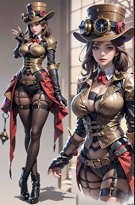 Mrs. Alafeld – steampunk costume and hat pose, steampunk beautiful anime woman, Lady in steampunk hat showing off her nails, In the style of Thomas Barceló, fisheyelens, Happy core, Multicultural elements, Dark brown and magenta, Dr. Seuss, Absinthe cultur...