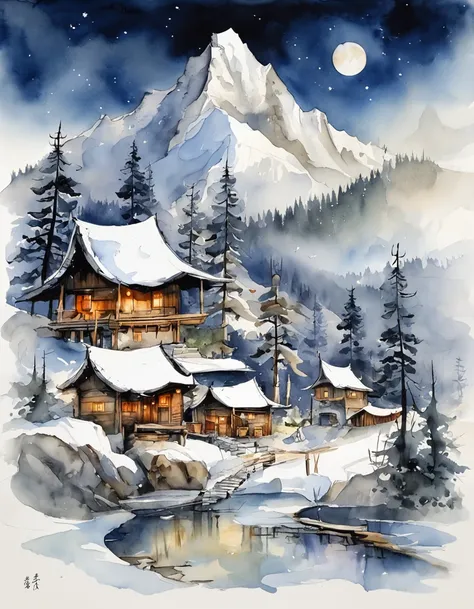 Bizarre steep peaks，There is a creek at the bottom of the mountain，There is a moonlight reflection in the stream，The village huts also have cooking smoke rising，Welcome pine trees are strangely shaped，Sway with the wind
Matte look,Surreal Photo,dream magic...