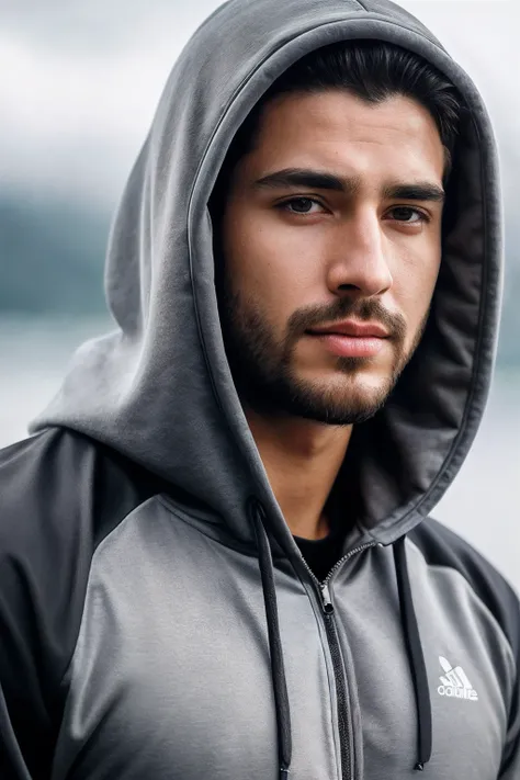 (master piece), (best quality), (4K), (movie), cinematic, photorealism, rendering, realistic, ultra detailed, perfect face, portrait frame, chest up, handsome man, gray hooded man, man 24 years old, medium beard, dark brown eyes, gray detailed and textured...