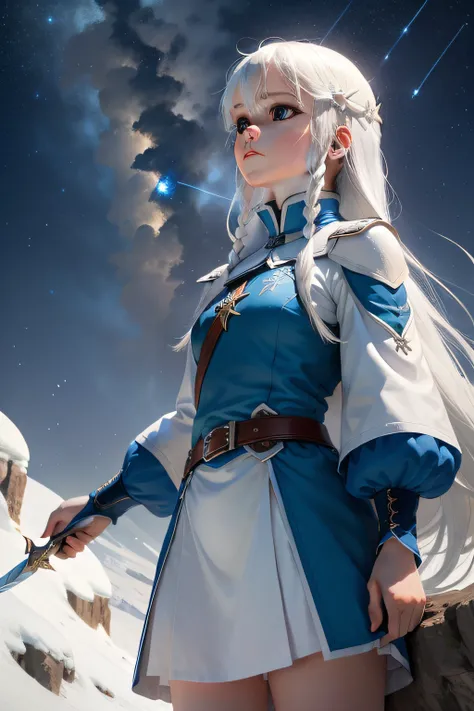 Under a blue sky，Shooting stars dart across the sky，A girl with long snow-white hair，Standing on a cliff，Look up at the sky，Wearing a blue uniform，Holding a white longsword