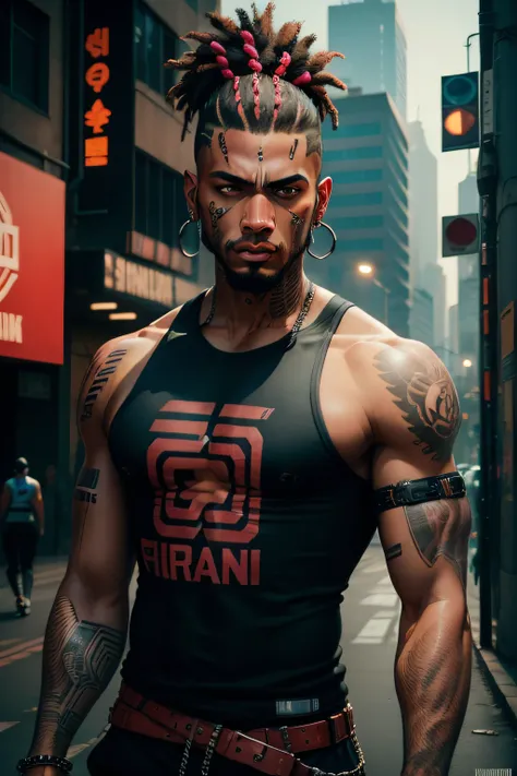 man, brown skin, mohican, flamengo tattoo, streetwear, cyberpunk character, ultra realistic, 4k, HD