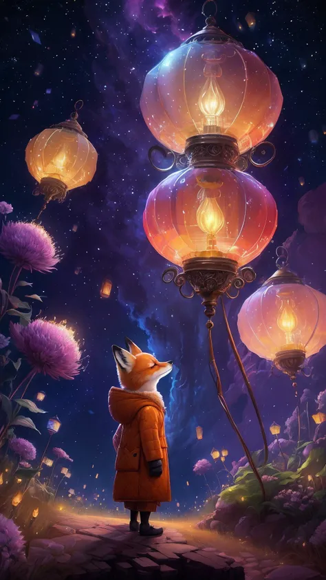 a painting of a fox in a coat looking at lanterns, glowing lanterns, beeple and jeremiah ketner, beautiful art uhd 4 k, amazing wallpaper, lanterns, glowing lights! digital painting, cyril rolando and goro fujita, beautiful digital artwork, inspired by Cyr...