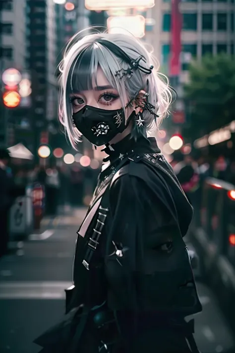 goth_punk, 1girl, solo, medium shot, walking in harajuku, ((night time)), bokeh, neon light, iridescent eyes, starry sky, white ...