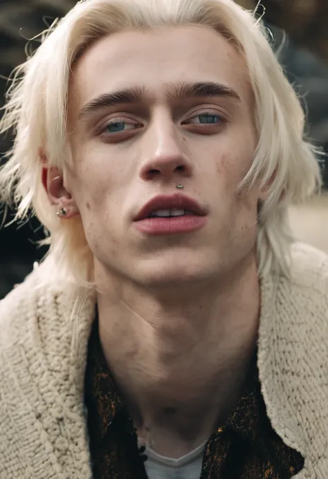 draco malfoy nose piercing looking like troye sivan soft face gay long hair septum piercing smoke coming out of mouth realistic closed eyes looking up chin up closeup septum nose ring, wearing a cream jumper nose piercing tattoos dragon- @Reut(fast)