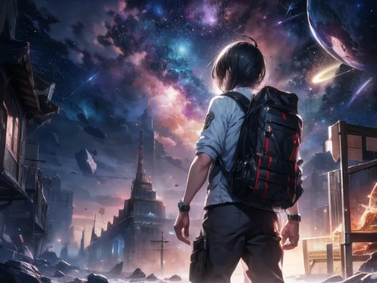 Draw a young man，standing on a research platform floating in the middle of an asteroid belt，with his back to the viewer，from back，Surrounded by several asteroids emitting fiery halos, BREAK illuminates the scene with dramatic lights from distant stars and ...