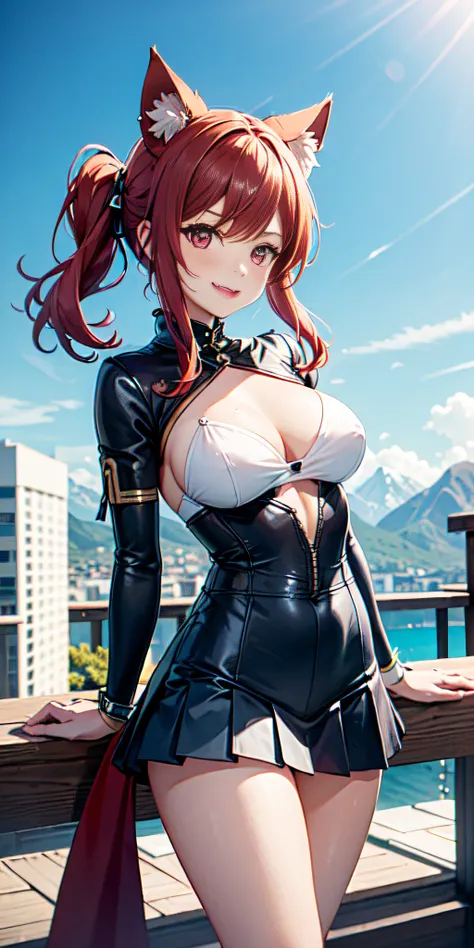 (solo 1 mujer)The anime character similar to Genshin Impact, a Suiza human woman of 18 years old, with magenta red hair, a beautiful and symmetrical face, happy and sticking out the tip of her tongue with cat ears instead of horns, ademas de super cachonda...