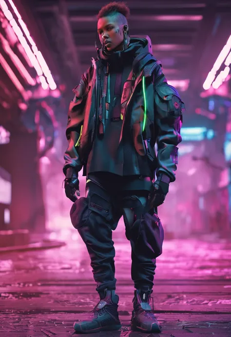 cyberpunk techwear streetwear look and clothes, we can see them from feet to head, highly detailed and intricate, golden ratio, vibrant colors, hypermaximalist, futuristic, cyberpunk setting, luxury, elite, cinematic, techwear fashion, Errolson Hugh, Nike ...