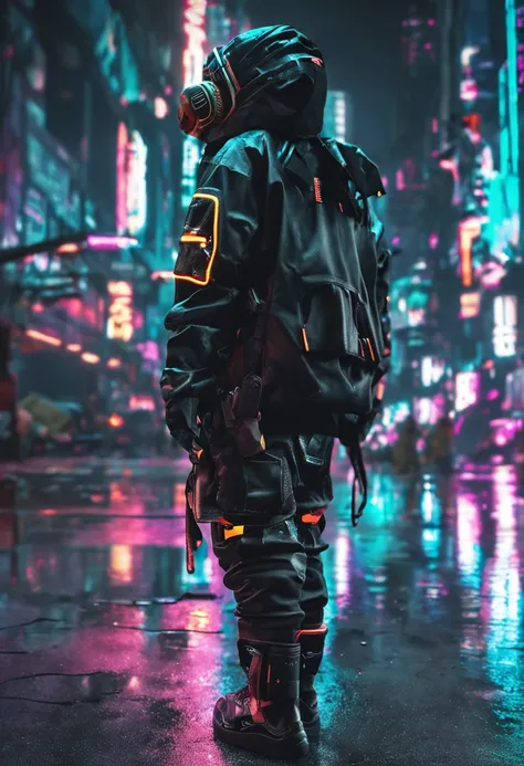 cyberpunk techwear streetwear look and clothes, we can see them from feet to head, highly detailed and intricate, golden ratio, vibrant colors, hypermaximalist, futuristic, cyberpunk setting, luxury, elite, cinematic, techwear fashion, Errolson Hugh, Nike ...