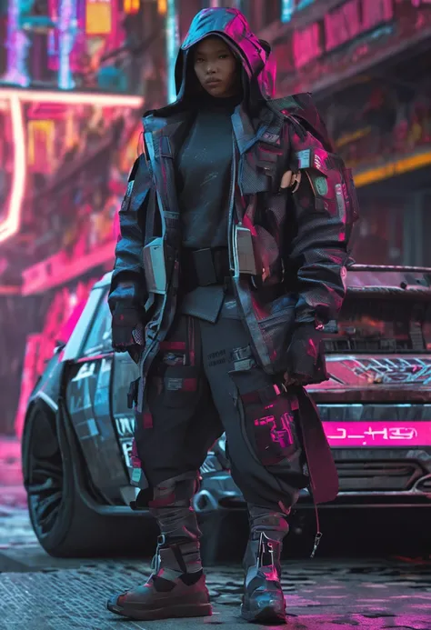 cyberpunk techwear streetwear look and clothes, we can see them from feet to head, highly detailed and intricate, golden ratio, vibrant colors, hypermaximalist, futuristic, cyberpunk setting, luxury, elite, cinematic, techwear fashion, Errolson Hugh, Nike ...