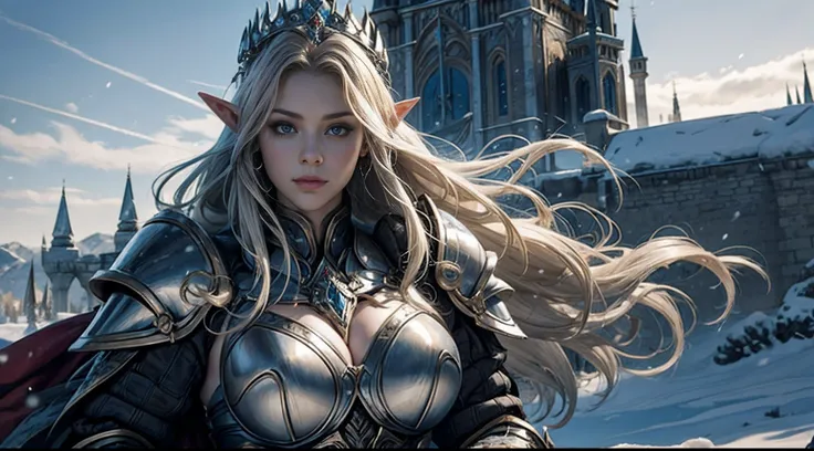 Female elf，Large breasts，Heavy armor，complex patterns，In the background is a huge castle，snow cover，diadems，Mid-range portrait，big sword