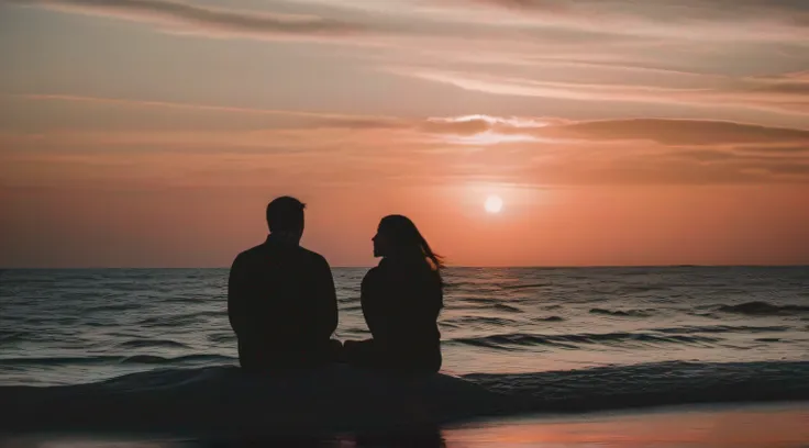 ((Couple watching sunset on a quiet sandy beach on a shallow seaside beach、Couple snuggling up and holding each others hands and watching the sunset、Sunset seen from between the shadows of two people、Big sun setting on the horizon、The sunset turns the enti...