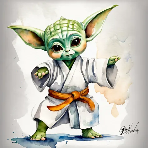 "(baby Yoda adorable:1.2) practica taekwondo, patada saltando en el aire , pose taekwondo, flotando vestido con su dobok. design for tshirt