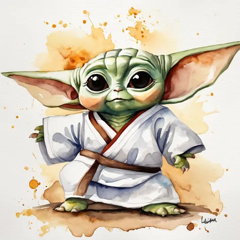 "(baby Yoda adorable:1.2) practica taekwondo, patada saltando en el aire , pose taekwondo, flotando vestido con su dobok. design for tshirt