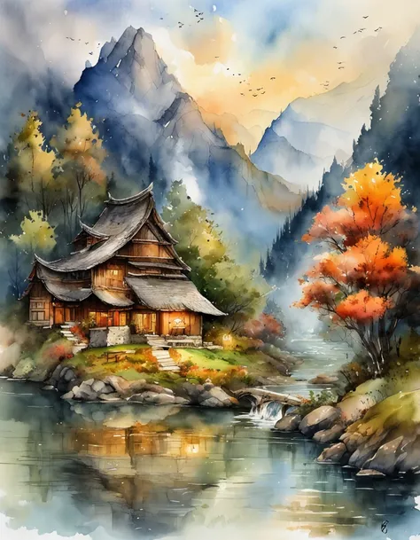 Bizarre steep peaks，There is a creek at the bottom of the mountain，There are reflections in the stream,Village cottage,And cooking smoke rises，The pine tree has a peculiar shape，Sway with the wind
Matte look,Surreal Photo,dream magical,pixel-perfect,hyper ...