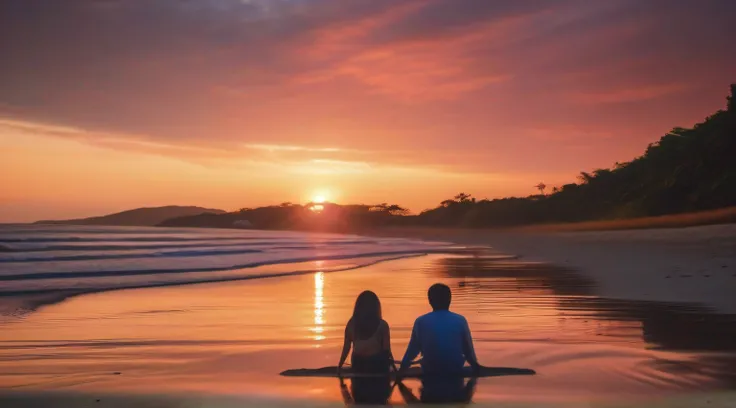 ((Couple watching sunset on a quiet sandy beach on a shallow seaside beach、Couple snuggling up and holding each others hands and watching the sunset、Sunset seen from between the shadows of two people、Big sun setting on the horizon、The sunset turns the enti...