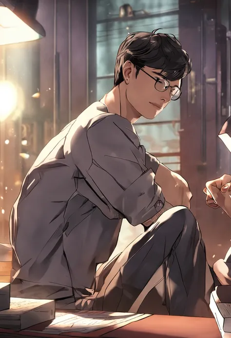 Korean male interior background , Wearing glasses ,ar 3:2, realisticc