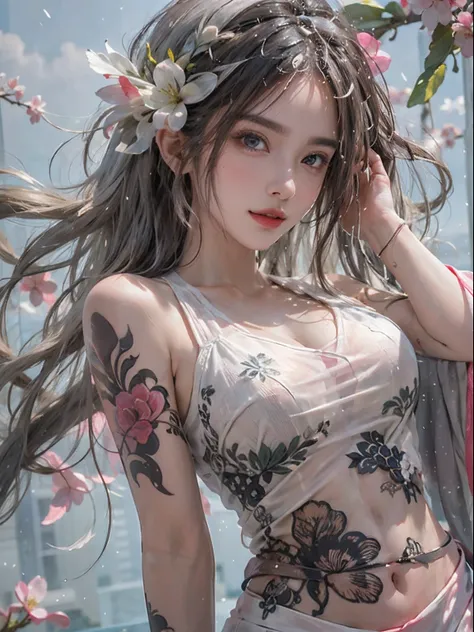 Photorealistic, High resolution, Soft light,1womanl, Solo, hips up high, glistning skin, (Detailed face),The tattoo, Jewelry, Dark see-through hanf, cherry blossom, Night, White wavy hair, Beautiful Soldier, An eye that invites the viewer, Lovers perspecti...