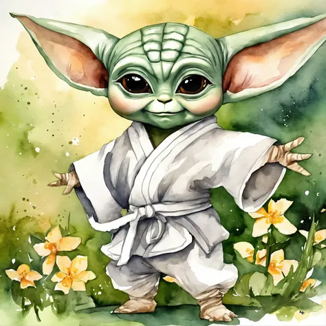 "(baby Yoda adorable:1.2) practica taekwondo, patada saltando en el aire , pose taekwondo, flotando vestido con su dobok. design for tshirt