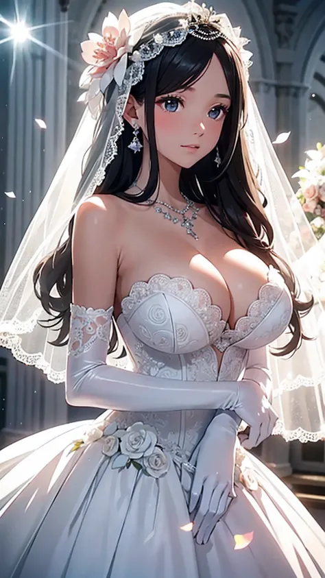 （（best qualtiy））， （（tmasterpiece）） Wedding princess dress， ray of lights， lens flare glow， White petals， Exotic，Close-up of a beautiful bride in a bridal dress,Guvitz，Head flower，headdress，Blush，（Bandeau wedding dress：1.5），（Silk dress：1.2）,（Strapless weddi...