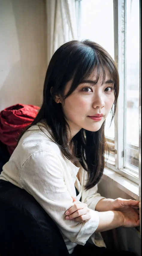 A woman looks intently at the people passing by outside the window