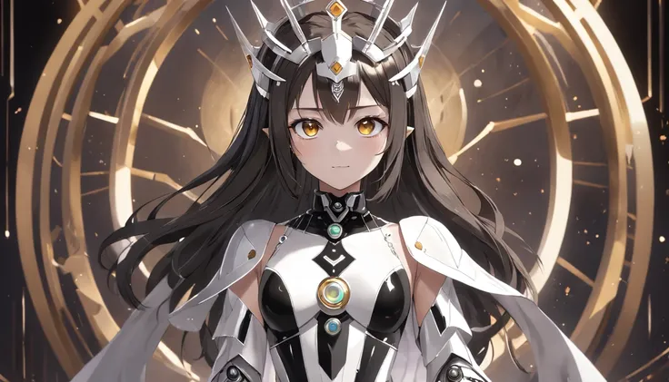 Human robot girl,Black and white clothes , Wicked garments made of plastic gray and white ,Straight and straight black Pell , With snap fastening,light brown eyes,ssmile,Desert background,Wears a white Art Deco crown made of metal，And decorated with Zules ...