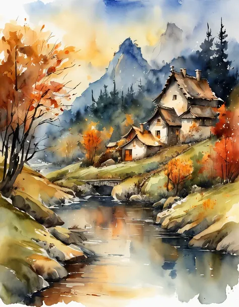 Bizarre steep peaks，autumnal，There is a creek at the bottom of the mountain，There are reflections in the stream,Village cottage,And cooking smoke rises，The pine tree has a peculiar shape，Sway with the wind,Impresionismo，Color palette style，iso-distance vie...