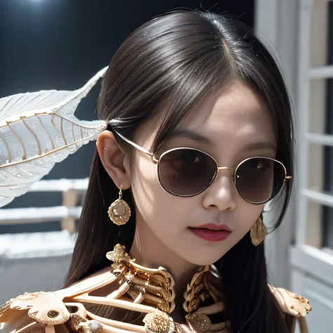 Wear thick gold-framed sunglasses，32K（tmasterpiece，k hd，hyper HD，32K）Burgundy double ponytail，Silver Skull Abandoned Area of the Pond，Indigo Skull King ，Hold the big G steering wheel （The skeleton is realistic：1.4），Skull pattern robe，Silver skull flower or...