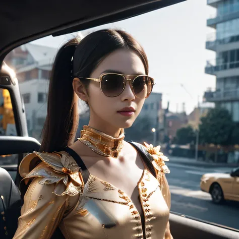 Wear thick gold-framed sunglasses，32K（tmasterpiece，k hd，hyper HD，32K）Burgundy double ponytail，Silver Skull Abandoned Area of the Pond，Indigo Skull King ，Hold the big G steering wheel （The skeleton is realistic：1.4），Skull pattern robe，Silver skull flower or...