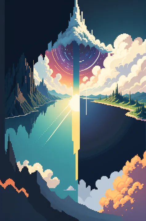 Pixel art, Flat design, hyper-high detail. Landscape universe