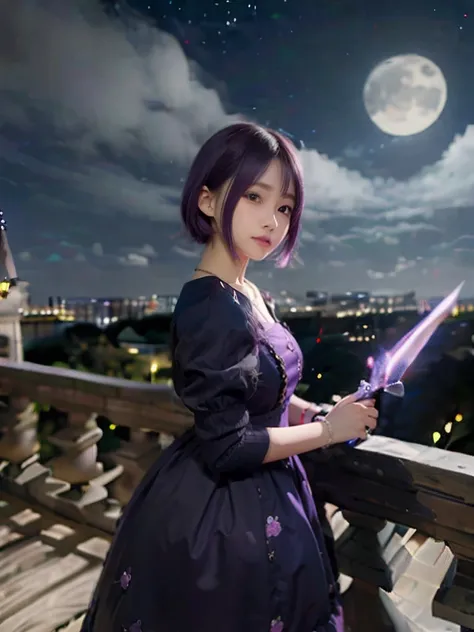 8K、detaileds、Vivid、A detailed face、14 years old girl、kawaii、short in stature、Young Face、Inappropriate smile、purple color  hair、Dress style clothes、(Bracelet on right wrist)、Holding a dagger in your hand、Castles、a dark night、Moonlight shines、2.5 dimensions、...