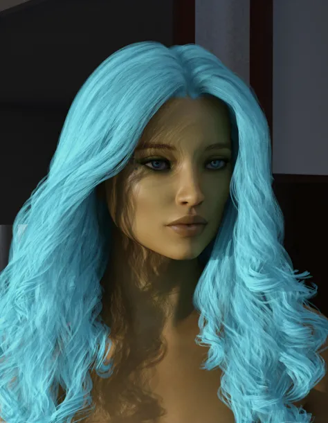 a close up of a woman with blue hair and a blue wig, azure. detailed hair, long cyan hair, long glowing ethereal hair, girl with blue hair, pretty girl with blue hair, long hair blue centred, realistic shaded, pale bluish skin, second life avatar, with lon...