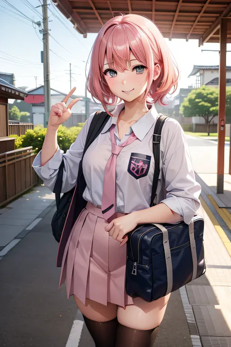 Female student, neat, pink hair, Japan, little exposure, modest breasts, smile, upward looking, embarrassed, school, Japan anime, sister, I want to protect