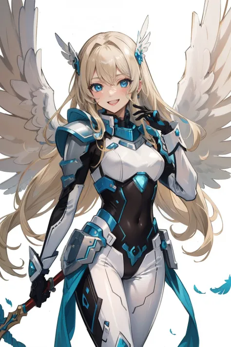 (​master piece, Best Quality),  Intricate details, valkyrie, kawaii, Happy, (((Laugh))), Villainous smile, Hand up, Looking at Viewer, Feather Headgear, Flower meadow, 
1 girl in, Solo, Portrait, Tentacle Plutinum Blonde Hair, drooping iceblue eyes, Silver...