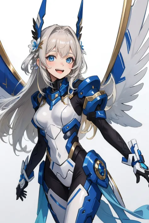 (​master piece, Best Quality),  Intricate details, valkyrie, kawaii, Happy, (((Laugh))), Villainous smile, Hand up, Looking at Viewer, Feather Headgear, Flower meadow, 
1 girl in, Solo, Portrait, Tentacle Plutinum Blonde Hair, drooping iceblue eyes, Silver...