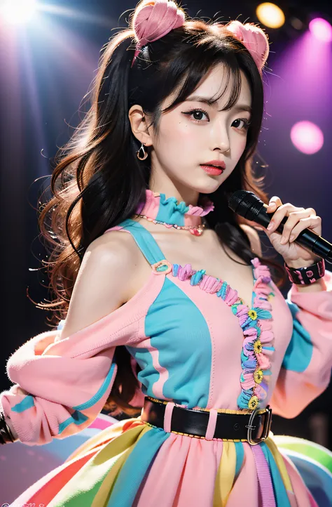 Solo idol performance featuring Eri Kamei from Morning Musume. Content: Eri Kamei dressed in rainbow-themed idol costume, Capturing the essence of cuteness. Medium: Photography. Style: Ultra-realistic due to the influence of J-POP culture. Lighting: Stage ...