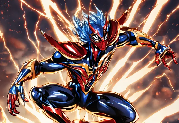 Saint Seiya spider-man weairing follows，Full body like，Fighting，Close-up，of a real one，Facial features are carefully described，Realistic skin texture，Dark style，Depth of fields，High light，Real light，Streak traching ，oc rendered，hyper-realistic，best quality...