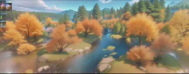 Close-up of computer screen with river and trees, forest and river, detailed photo of virtual world, game screenshot, 3 d virtual landscape painting, video game screenshot>, beautiful screenshot, life simulator game screenshot, gameplay still, game screens...